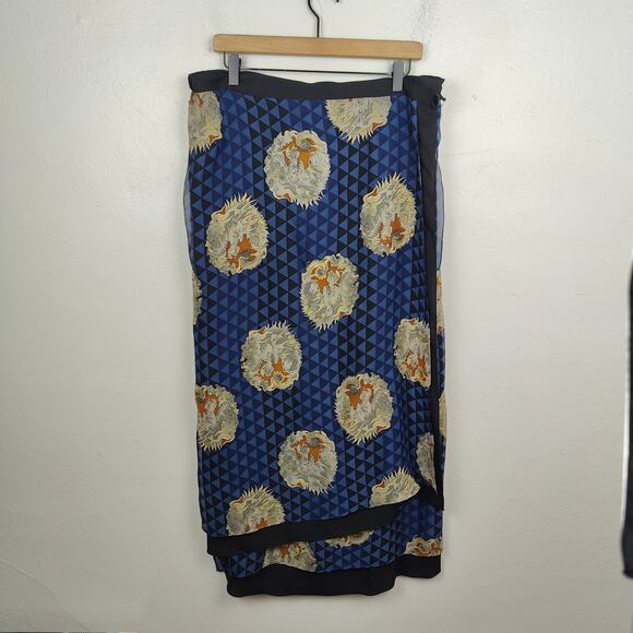 Harari Silk Maxi Skirt Womens XL Ble Black Asian Dragon Print Sheer Layered Boho - Picture 1 of 9
